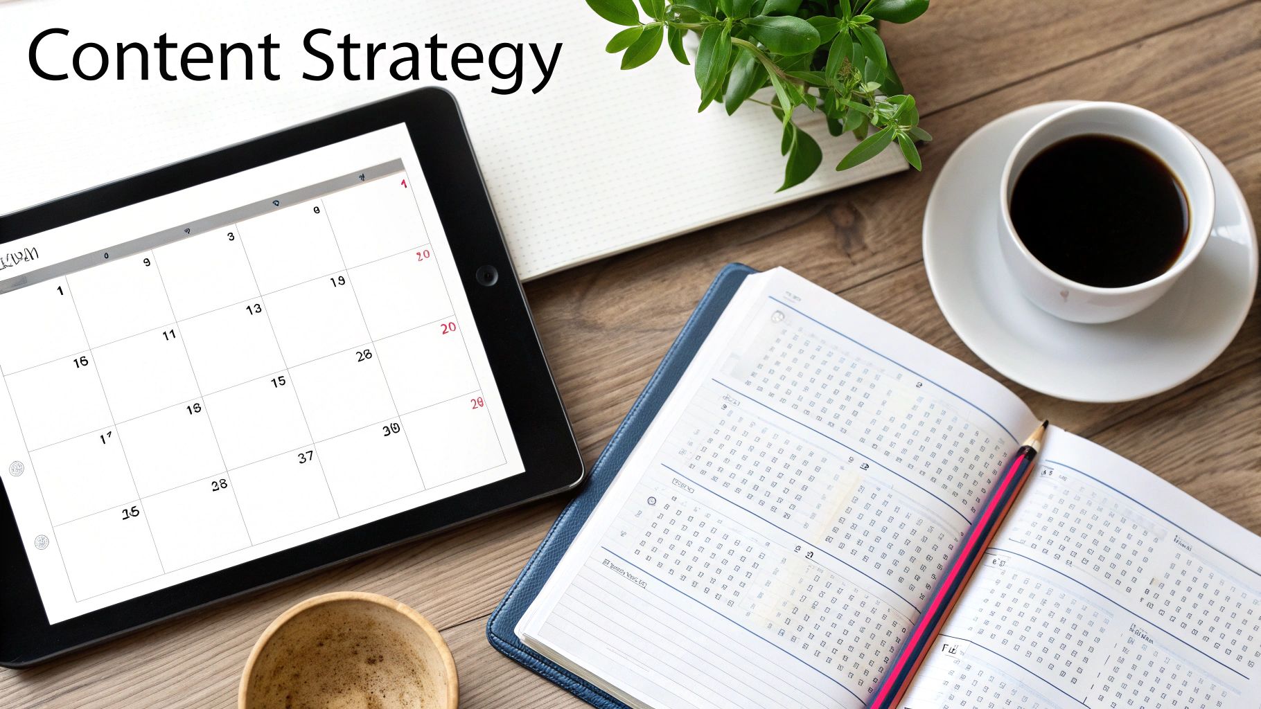 Overhead view of a content strategy workspace with a tablet displaying a calendar, planner, and coffee.