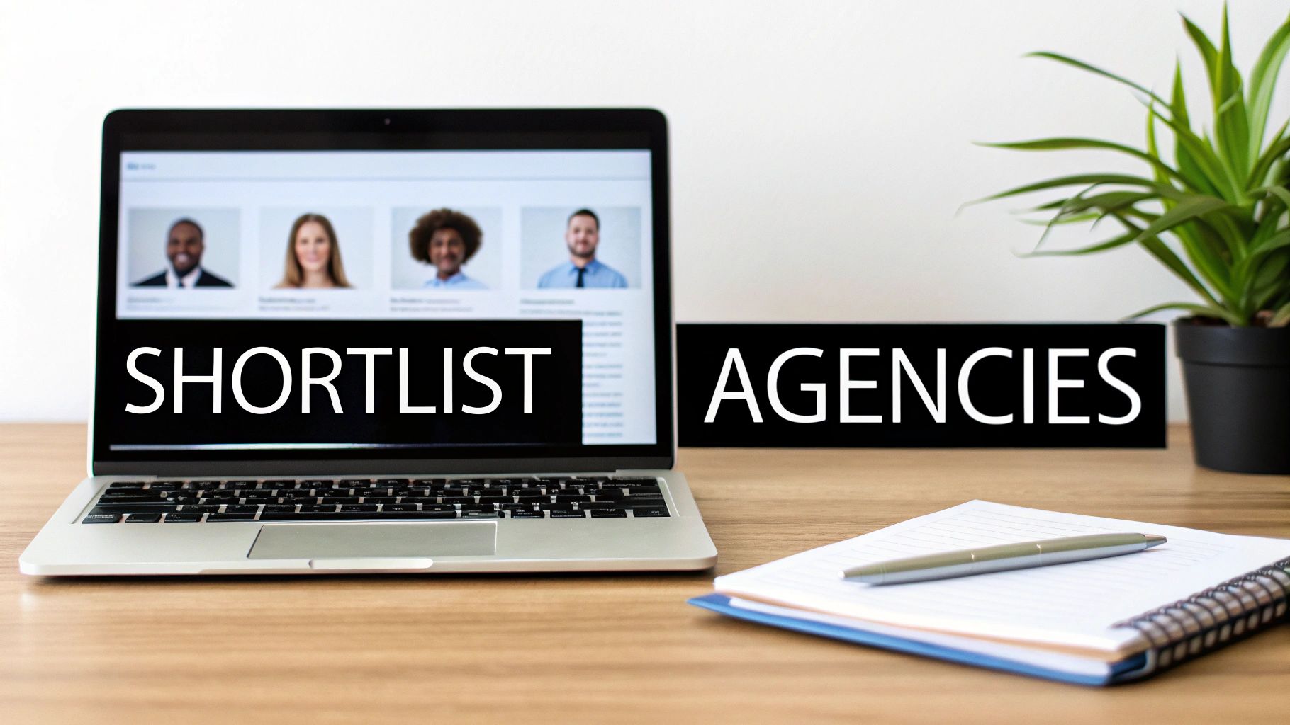 Laptop screen displaying 'SHORTLIST AGENCIES' with diverse headshots, a notebook, and a plant on a desk.