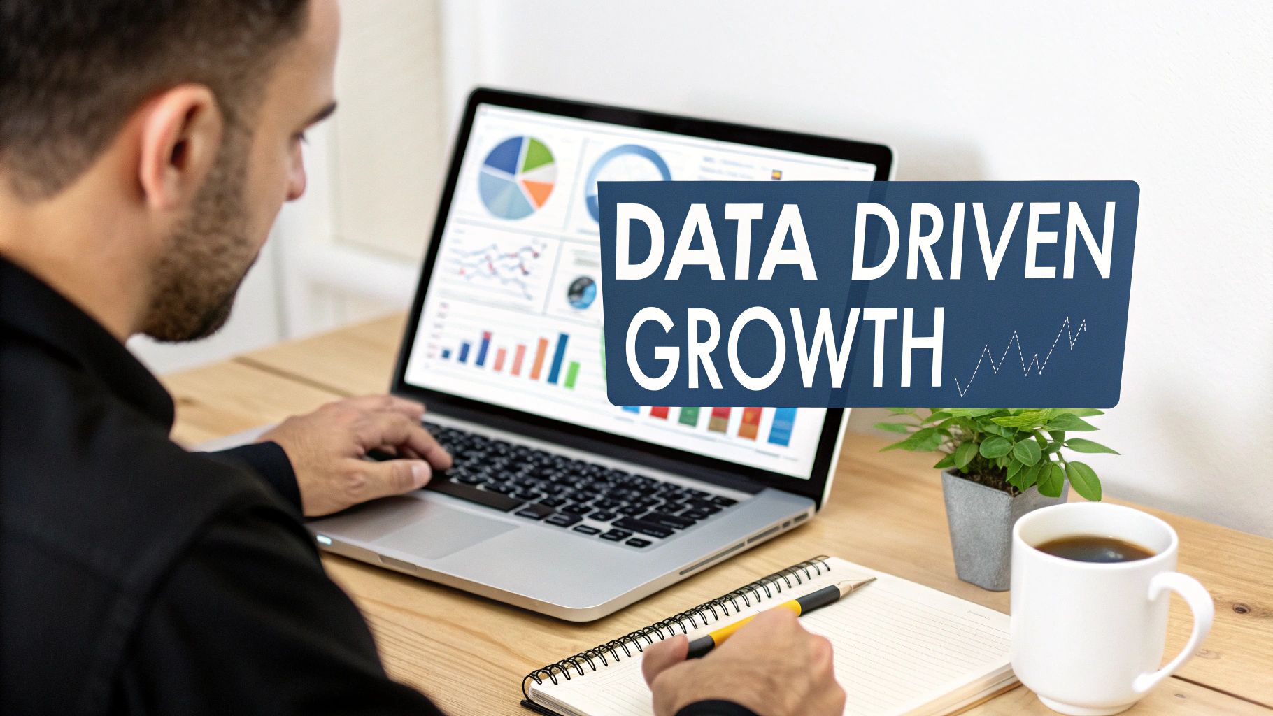 Man analyzing data on a laptop screen showing charts with 'DATA DRIVEN GROWTH' text.