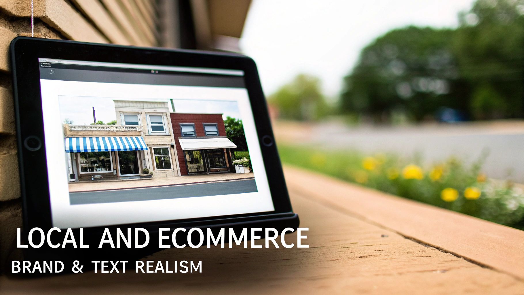 A tablet on a wooden surface displays a picture of local storefronts, symbolizing local and e-commerce.