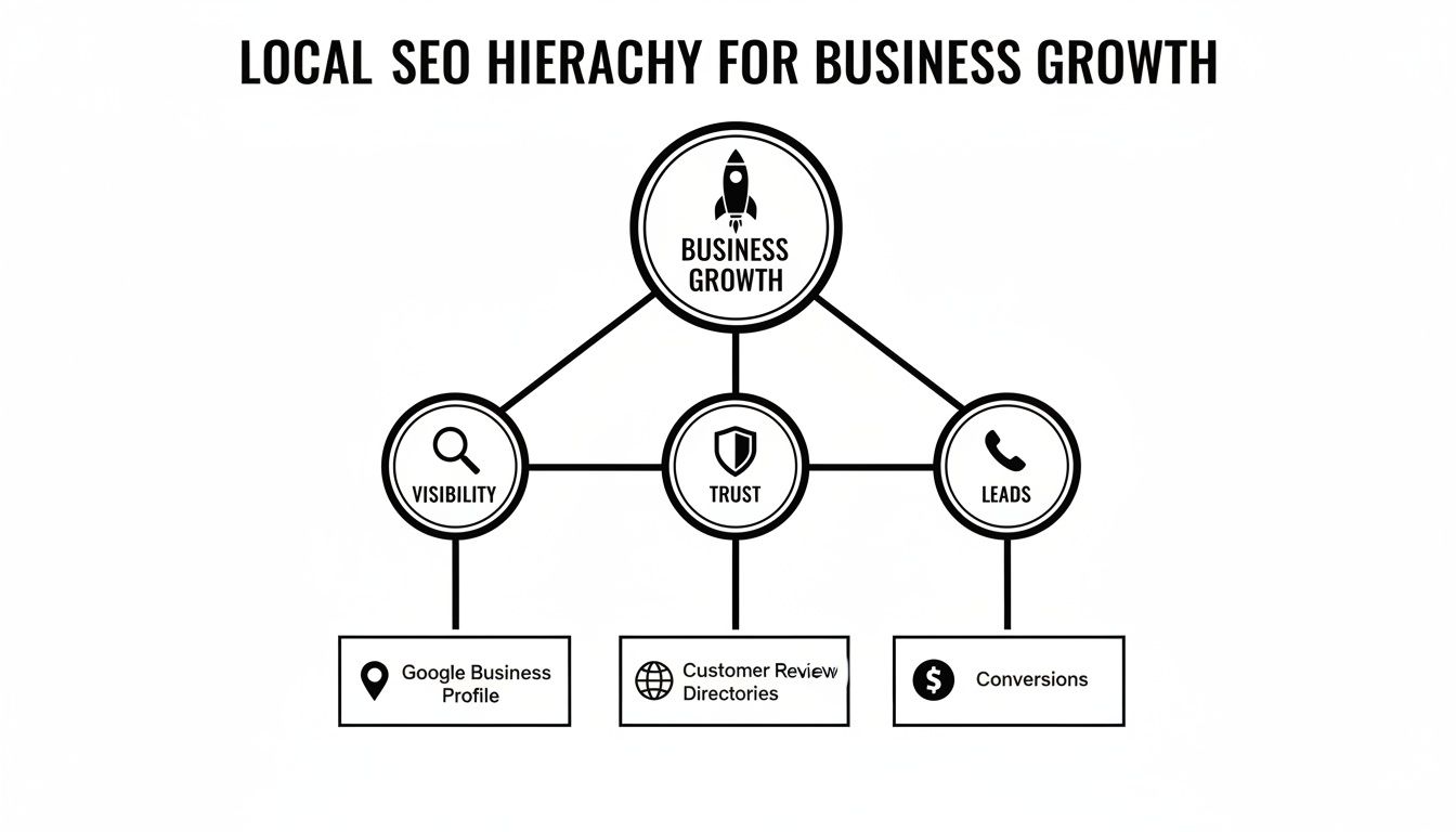Diagram illustrating the local SEO hierarchy for business growth: visibility, trust, and leads.