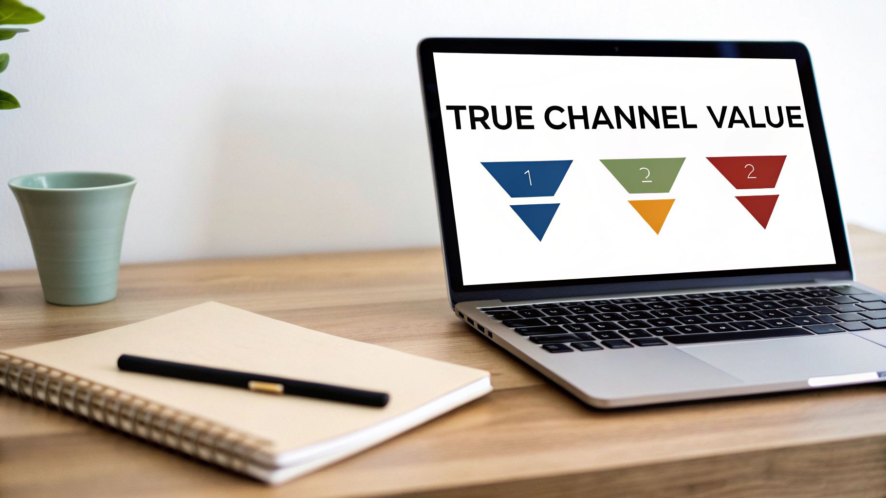 A laptop on a wooden desk displays 'TRUE CHANNEL VALUE' with a marketing funnel diagram.