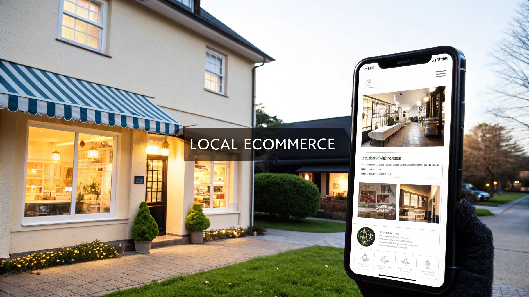 Smartphone displaying an e-commerce website in front of a charming local shop, illustrating local e-commerce.