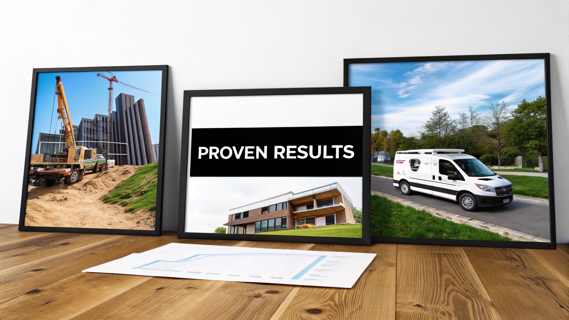 Three framed images displaying construction, business results, a service van, and a graph on a wooden table.