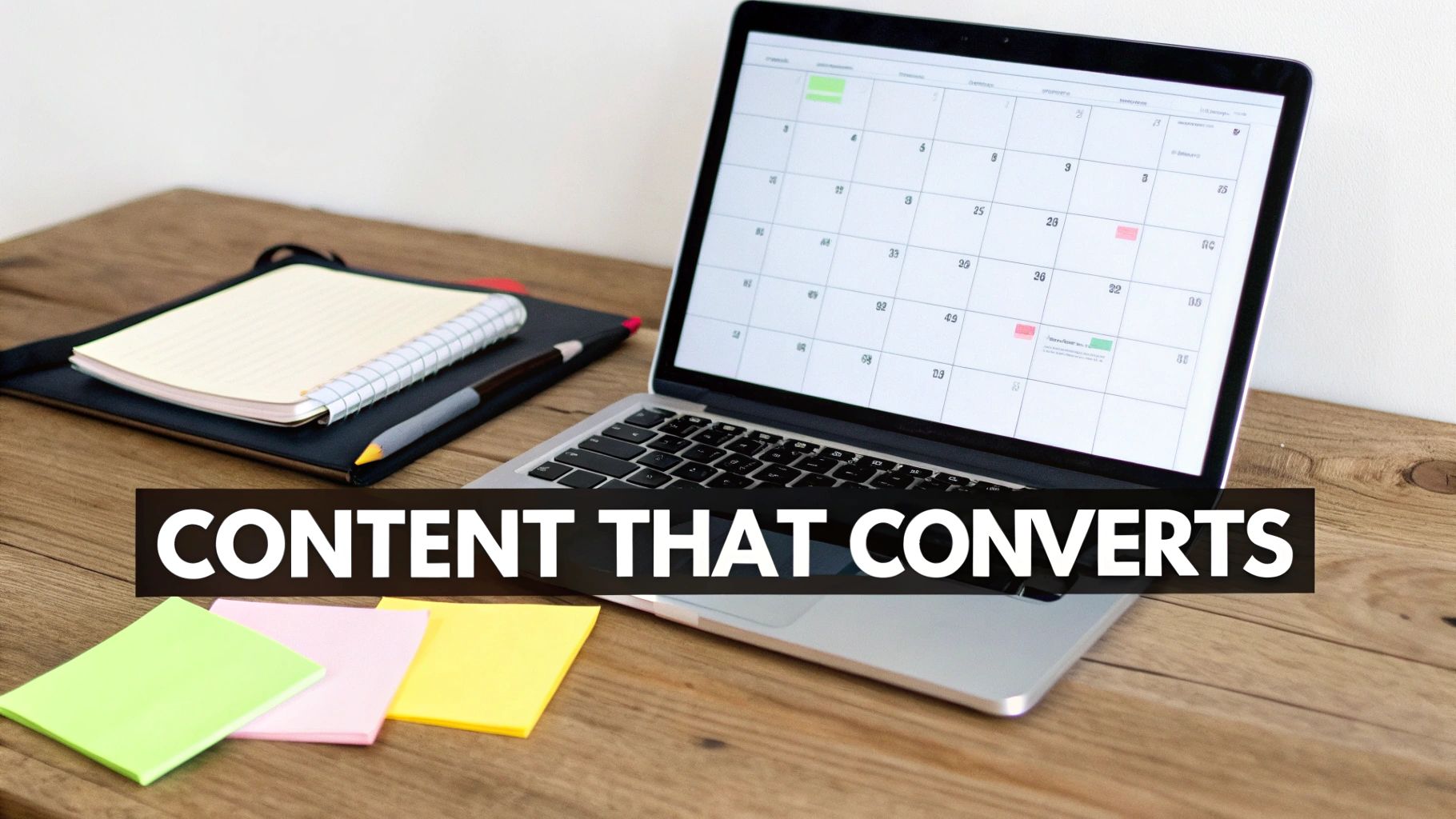 A laptop displaying a calendar, a notebook, pen, and colorful sticky notes on a wooden desk.