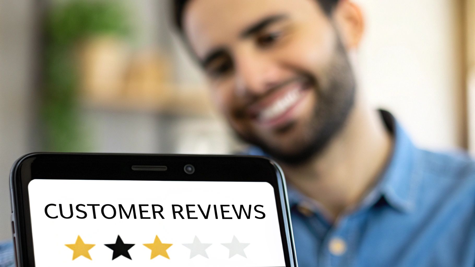 Smiling man looks at a smartphone screen displaying customer reviews with a star rating.
