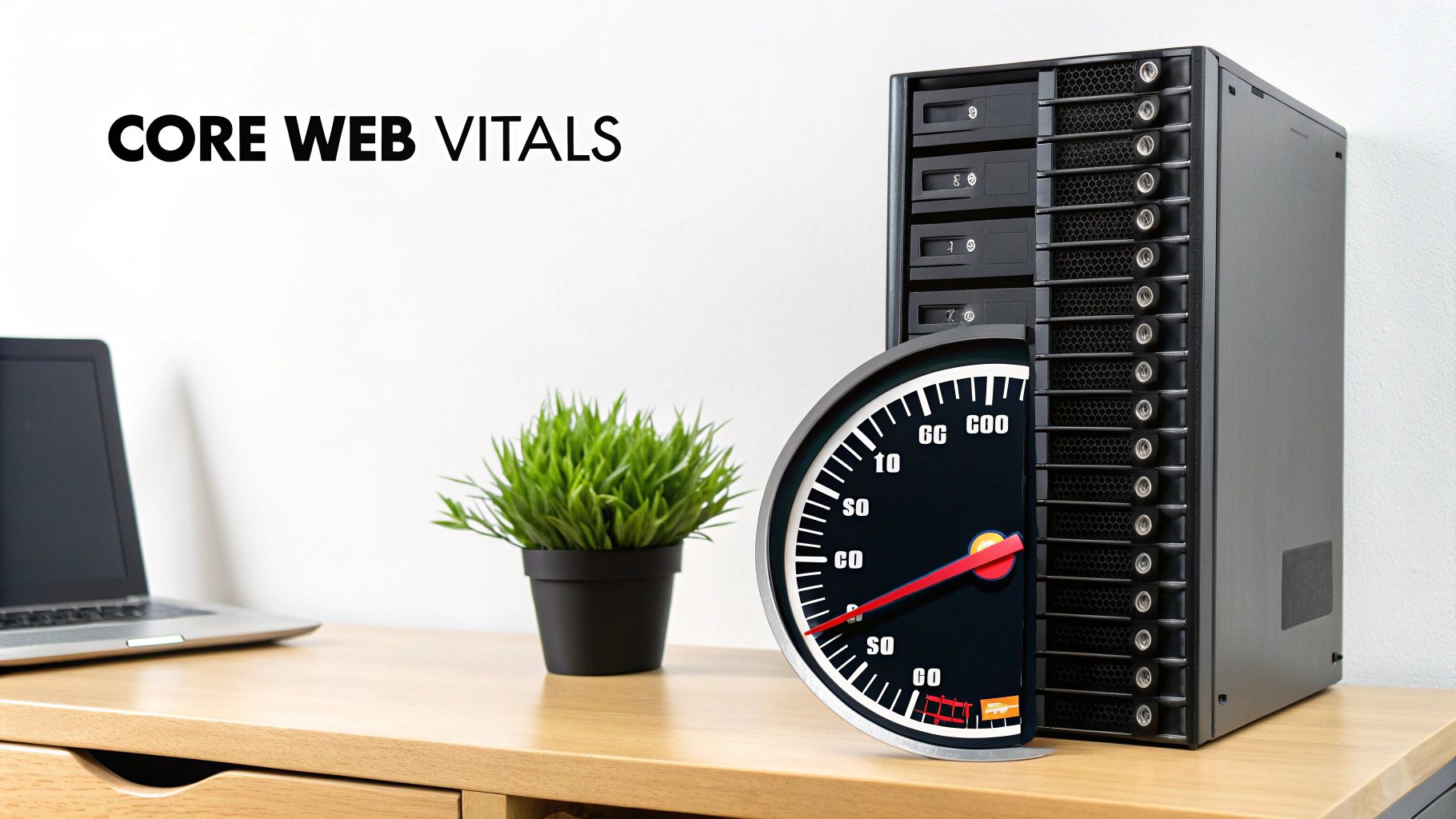 Image showing a server, speedometer, and laptop with 'CORE WEB Vitals' text, symbolizing website speed.