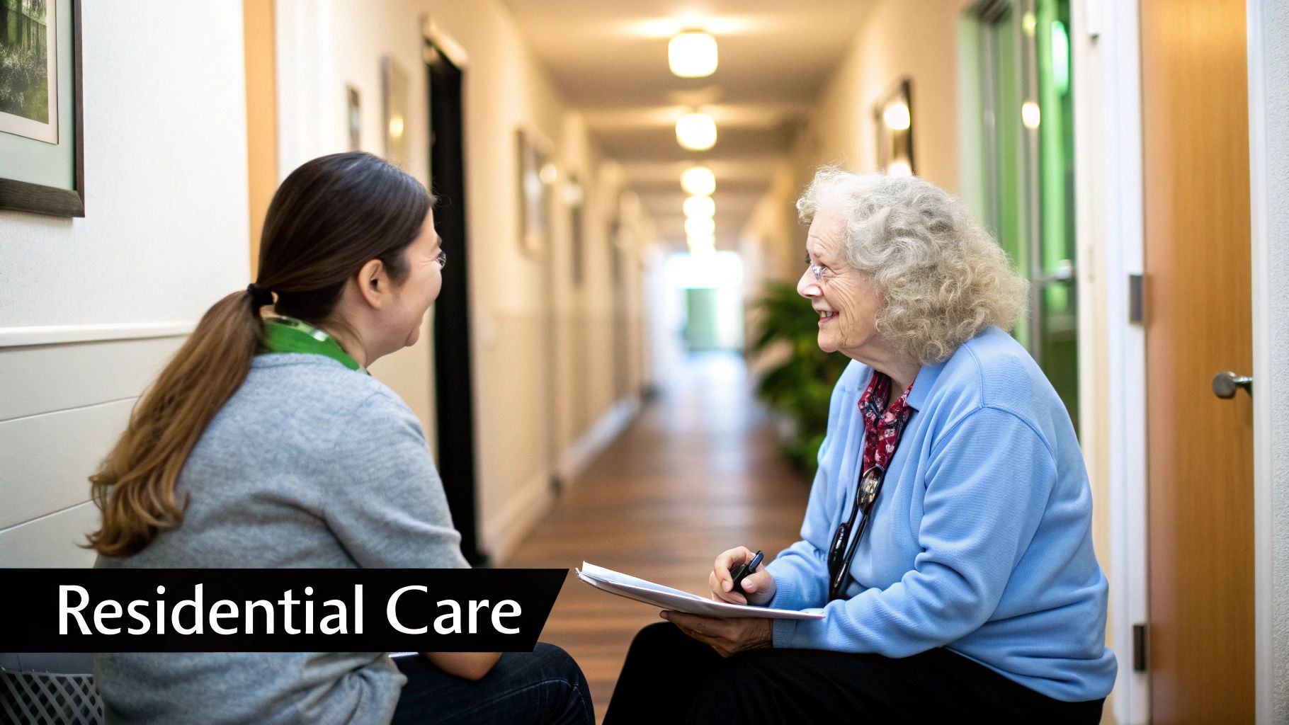 Two smiling women, one older, talking in a bright residential care hallway.