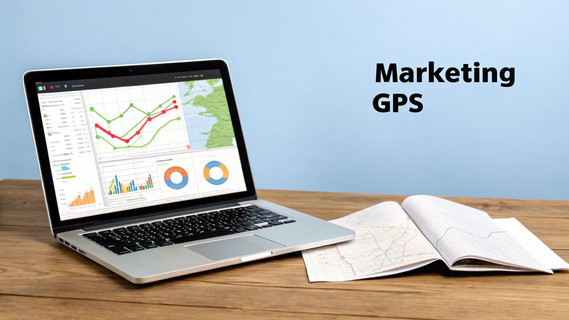 A laptop shows marketing performance data, graphs, and a map, with 'Marketing GPS' text, on a wooden desk.