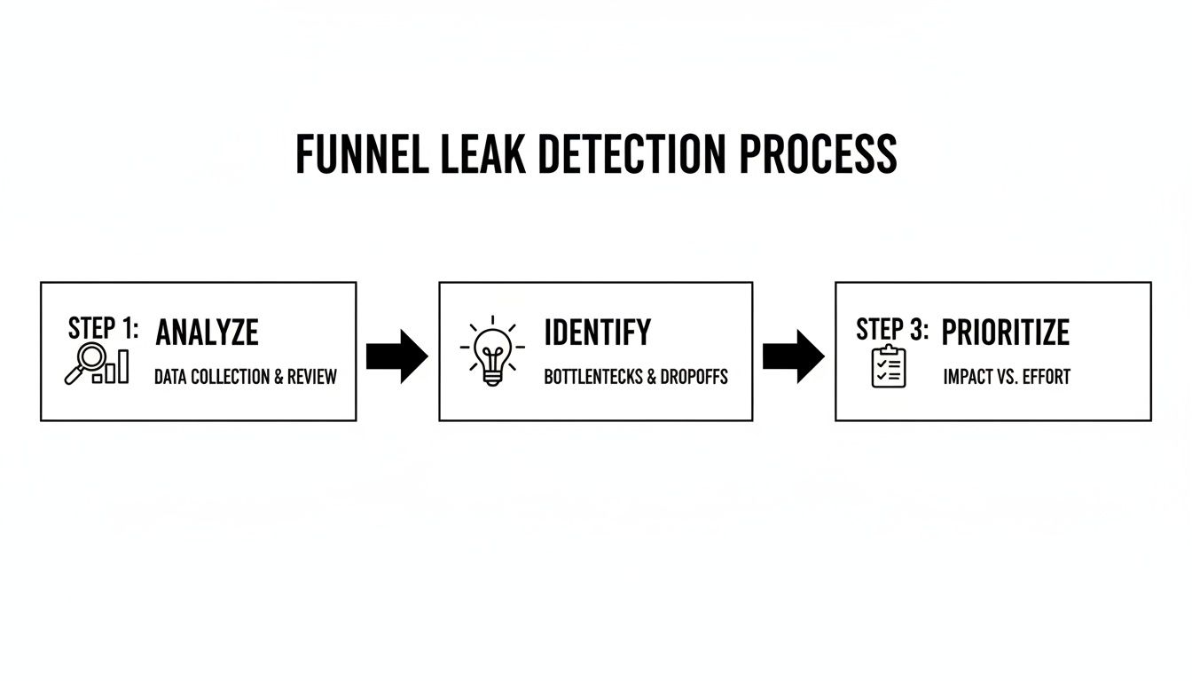 A three-step funnel leak detection process diagram: analyze data, identify bottlenecks, and prioritize solutions.