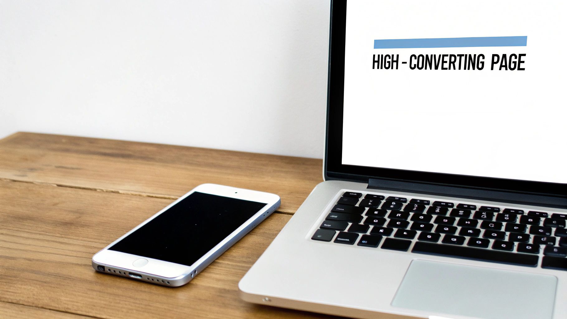 A laptop and smartphone on a wooden desk, laptop screen displays 'HIGH-CONVERTING PAGE'.
