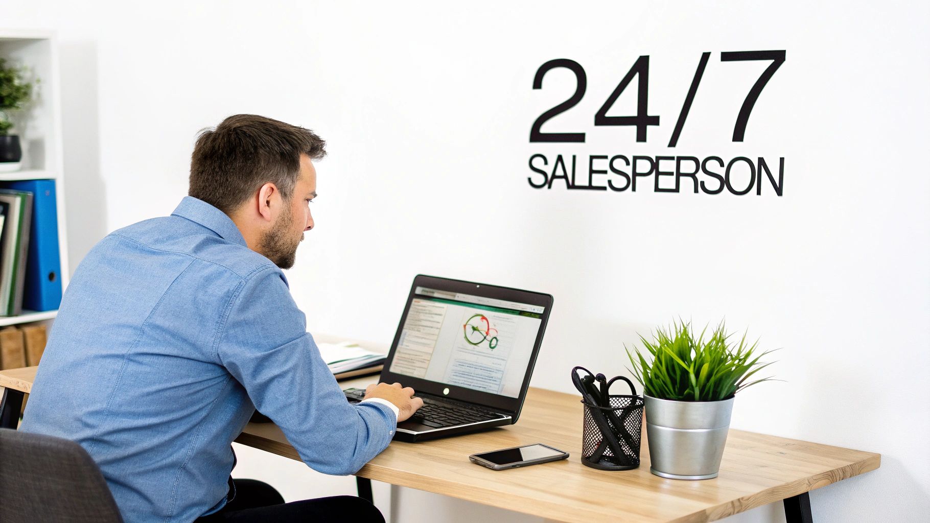 Man in blue shirt working on a laptop at a desk with a "24/7 SALESPERSON" sign.