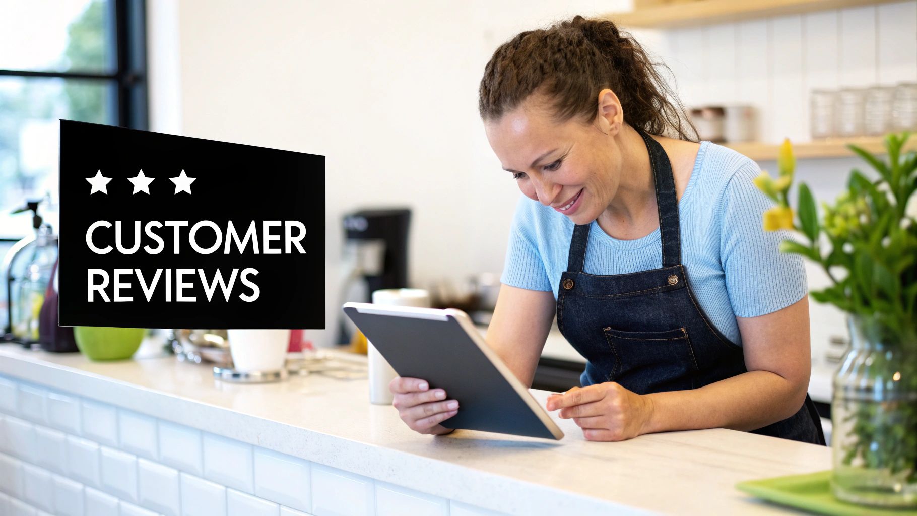 A smiling female small business owner reads customer reviews on a tablet in her cafe.