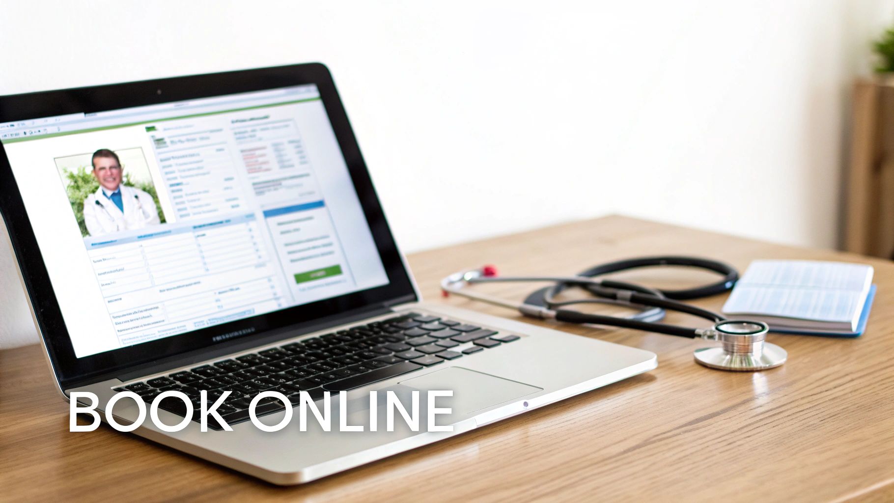 A laptop displaying a doctor's profile for online booking, with a stethoscope and notebook on a wooden desk.