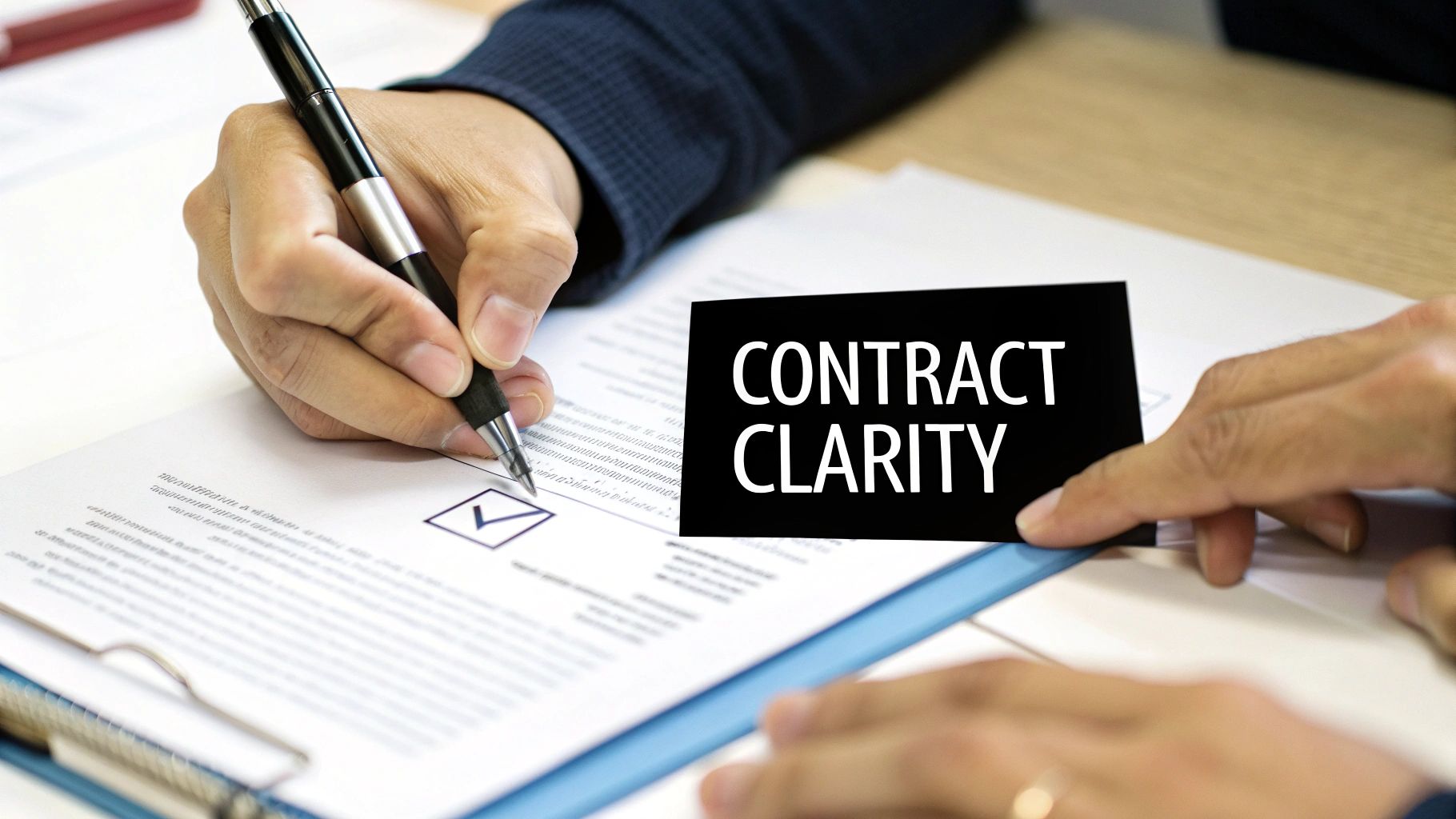 A person's hand checks a box on a contract document, with a card stating "CONTRACT CLARITY."