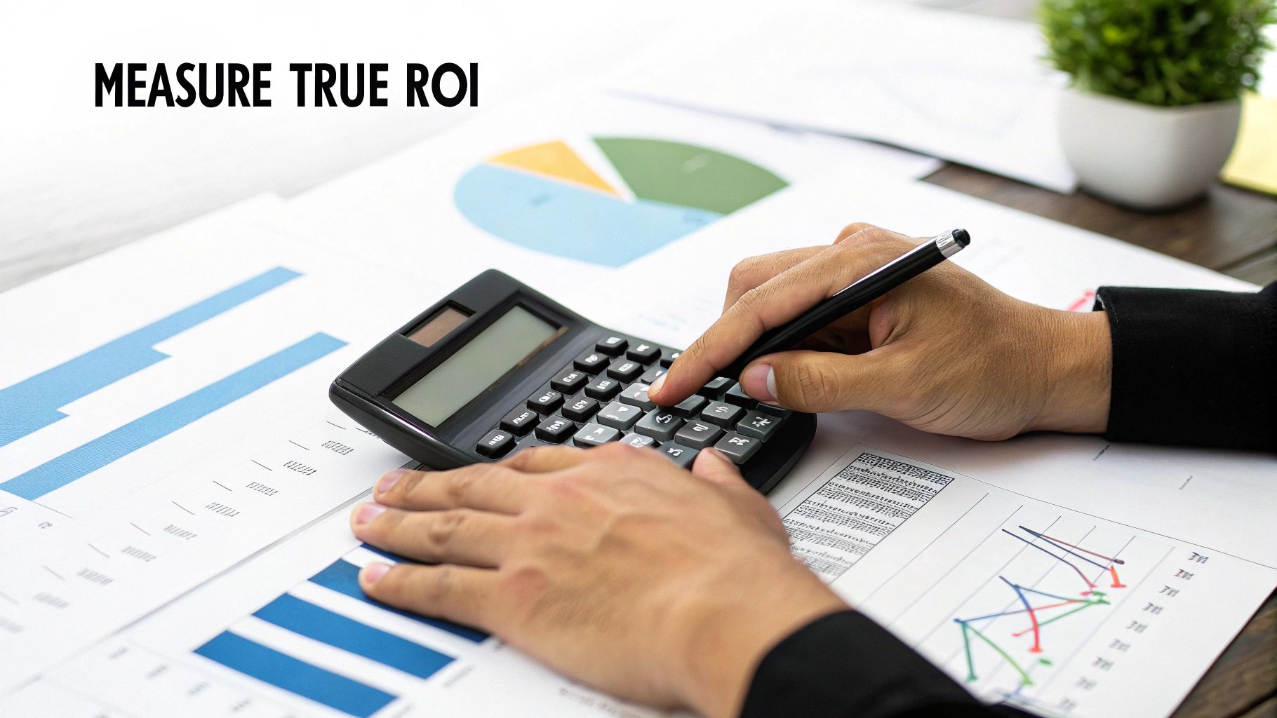 Hands using a calculator on a desk with financial charts and graphs to measure ROI.