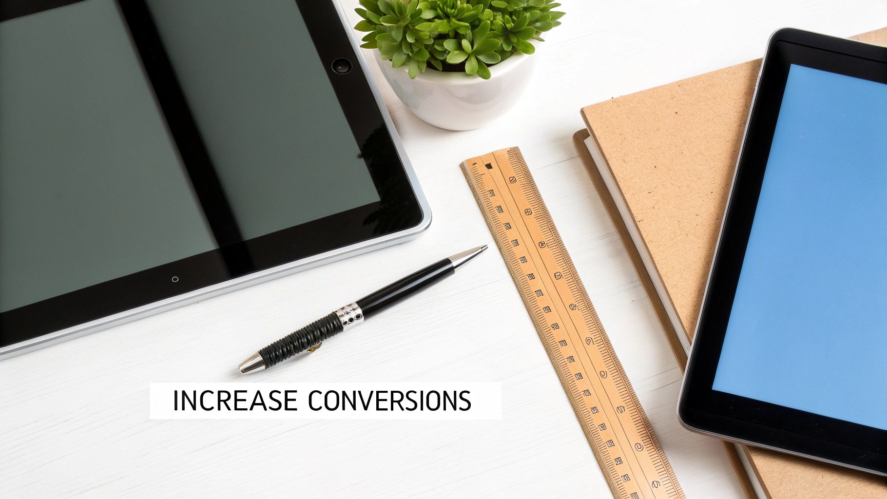 Overhad view of a modern workspace with tablets, pen, and ruler, featuring 'INCREASE CONVERSIONS' text.