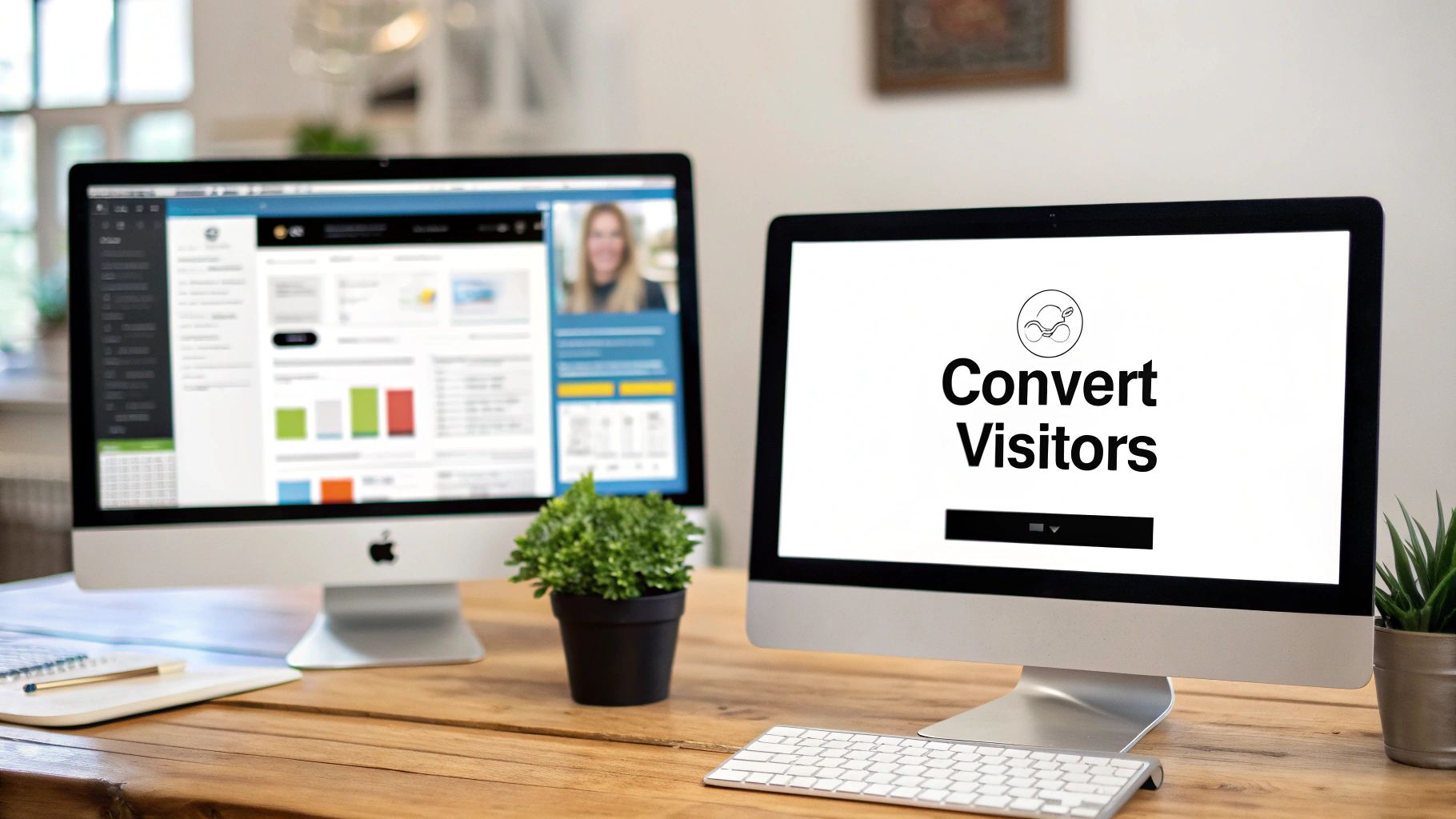 Two desktop computers on a wooden desk, displaying a dashboard and a 'Convert Visitors' landing page.