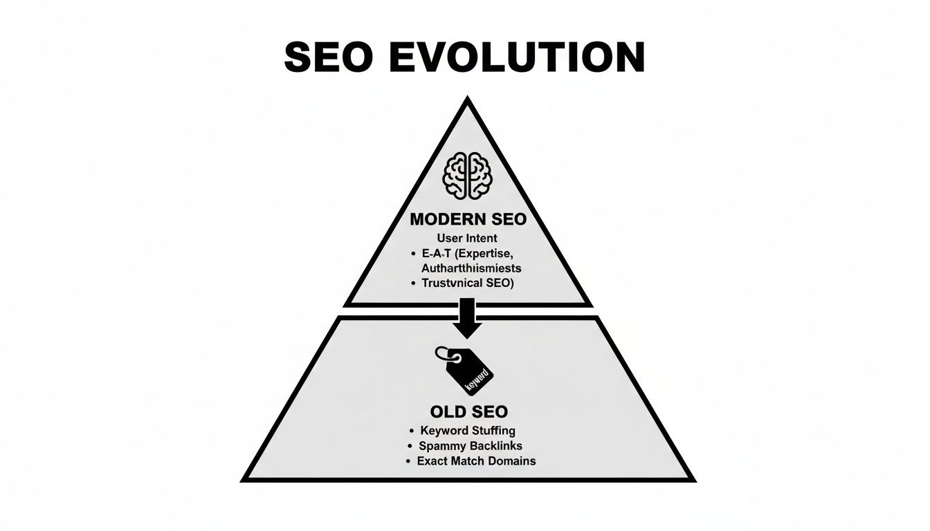 SEO evolution infographic comparing modern user-centric strategies like E-A-T with old spammy keyword tactics.