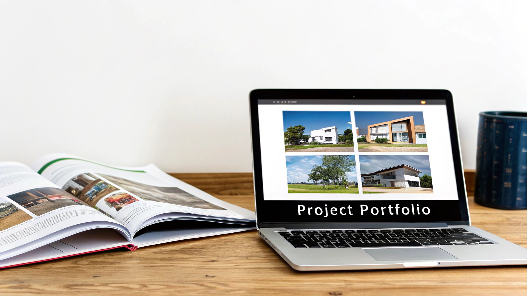 A laptop on a wooden desk displaying a project portfolio with various house designs and landscape images, beside an open magazine and a blue mug.
