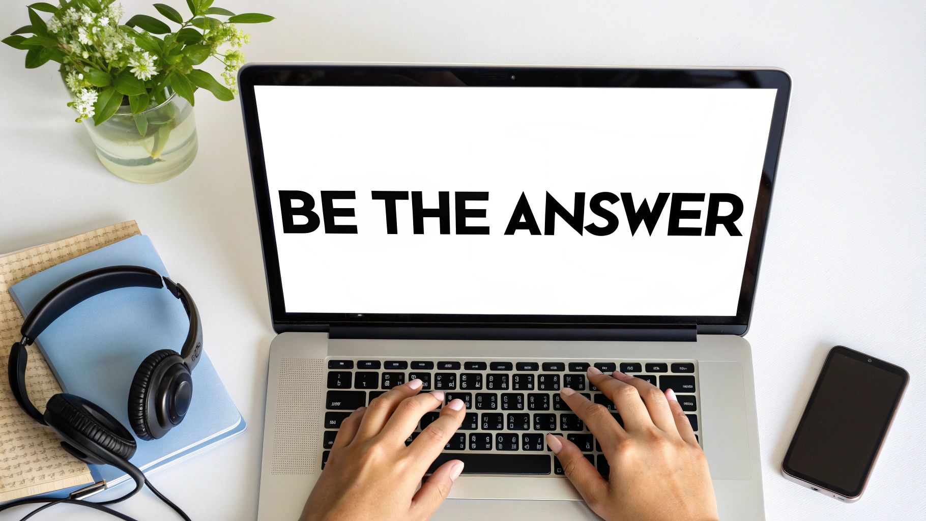 A person typing 'BE THE ANSWER' on a laptop, surrounded by office supplies and flowers.
