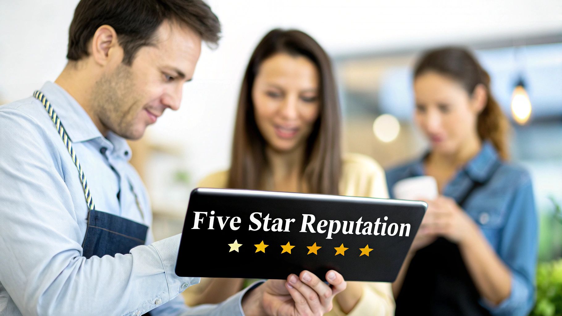Man shows a tablet displaying 'Five Star Reputation' and gold stars to a female colleague, highlighting business success.