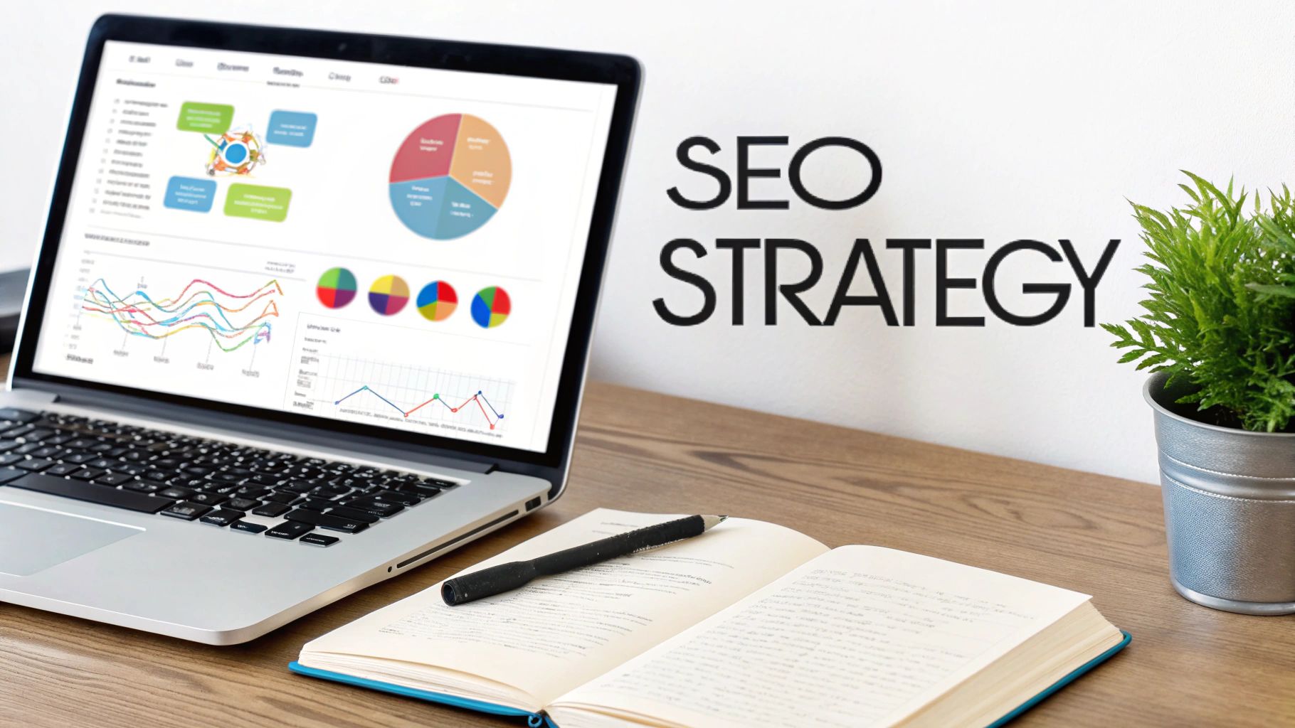 A laptop displaying data analysis charts and graphs next to an open notebook, with 'SEO STRATEGY' on the wall.