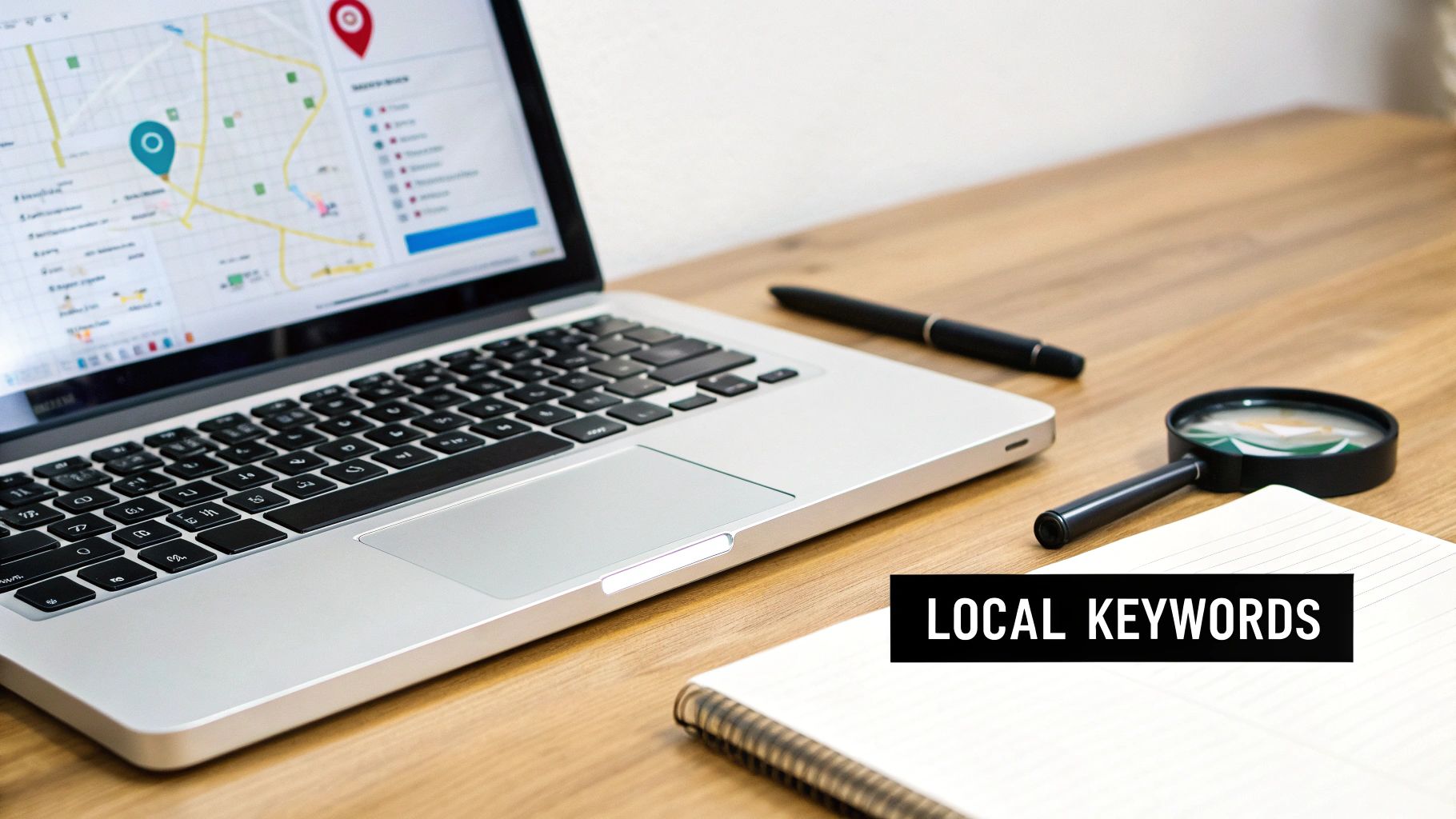 Laptop displaying a map with location pins, a pen, a magnifying glass, and a notebook on a wooden desk, with 'LOCAL KEYWORDS' text overlay.