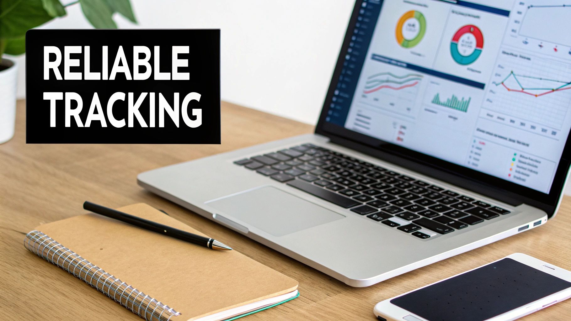 A laptop displaying data analytics dashboards and charts on a desk with a 'RELIABLE TRACKING' sign.