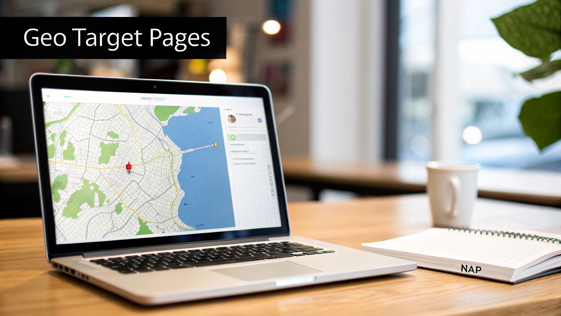 Laptop displaying a map with a red pin, illustrating geo-target pages for local SEO.