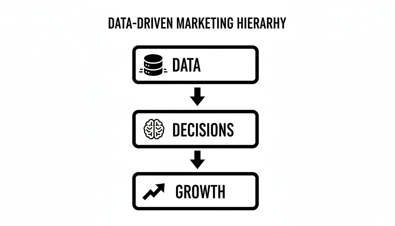 Diagram illustrating the data-driven marketing hierarchy: data leads to decisions, leading to business growth.