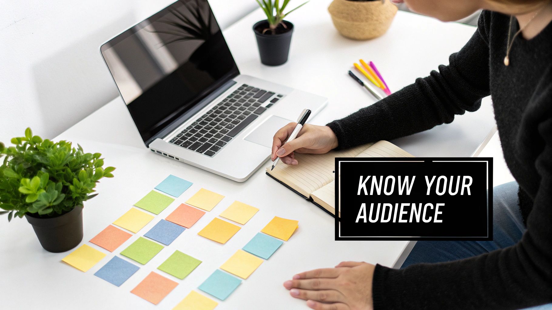 Person writing in a notebook at a white desk with a laptop, plants, and colorful sticky notes.