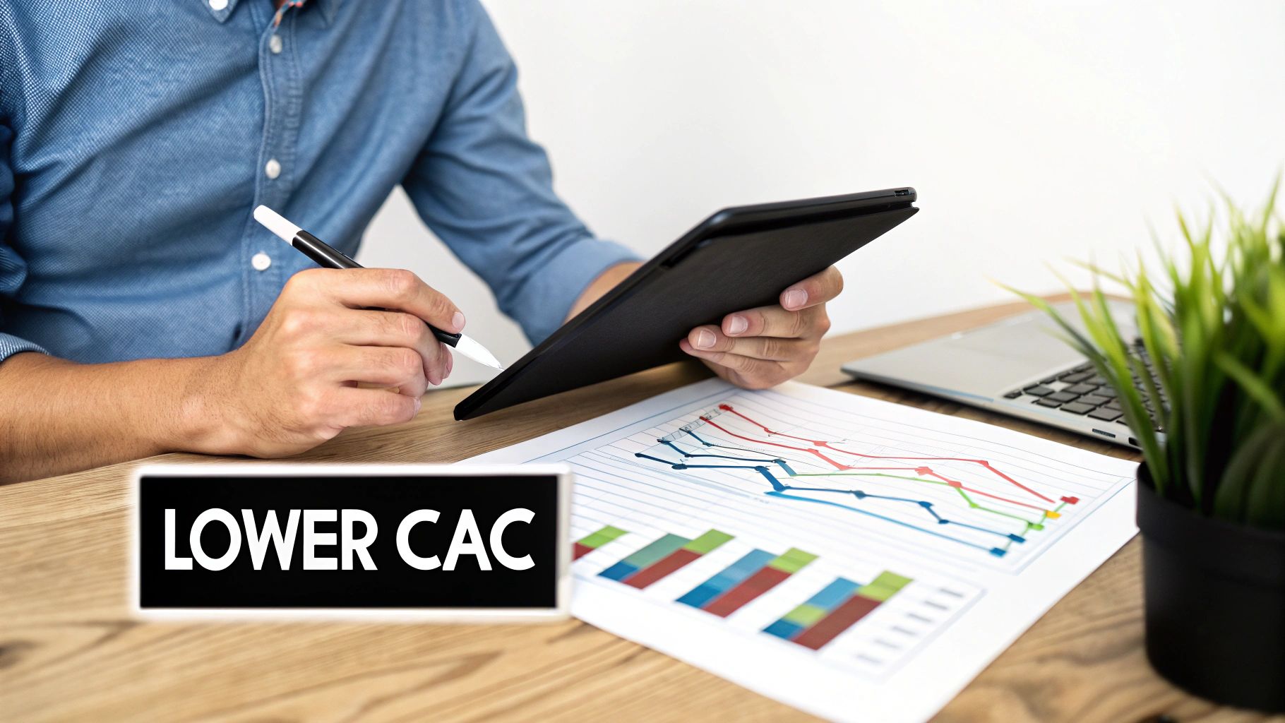 A person analyzes charts and graphs on a tablet and paper, with 'LOWER CAC' text.