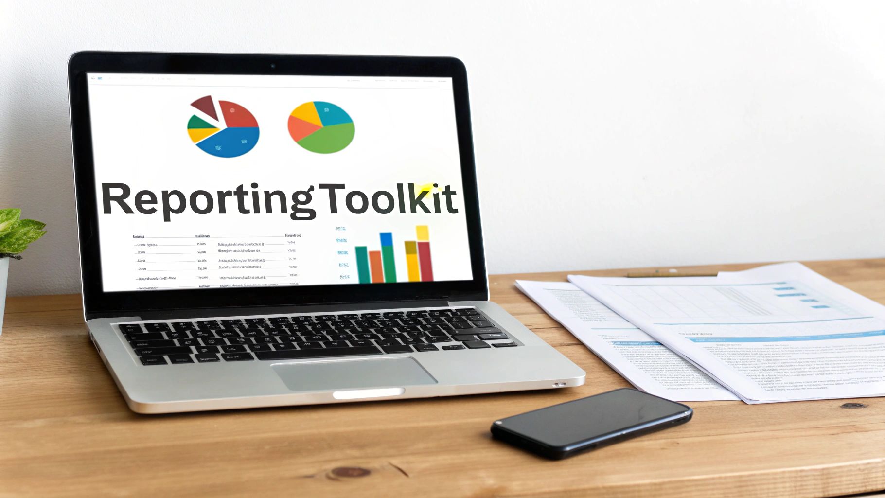 Laptop displaying 'ReportingToolkit' software with data charts, papers, and a smartphone on a wooden desk.