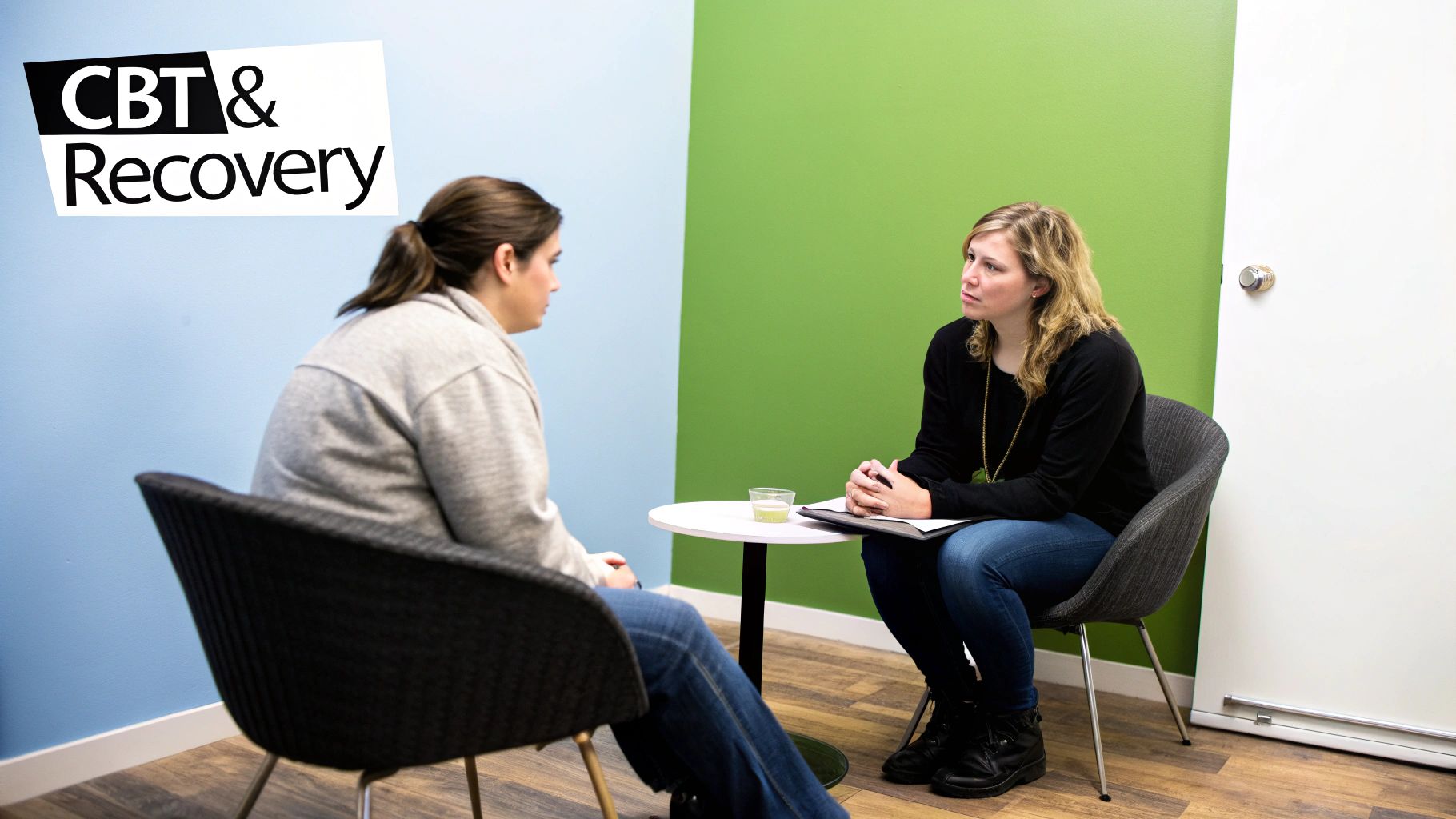 A therapist and client engage in a CBT and recovery counseling session.