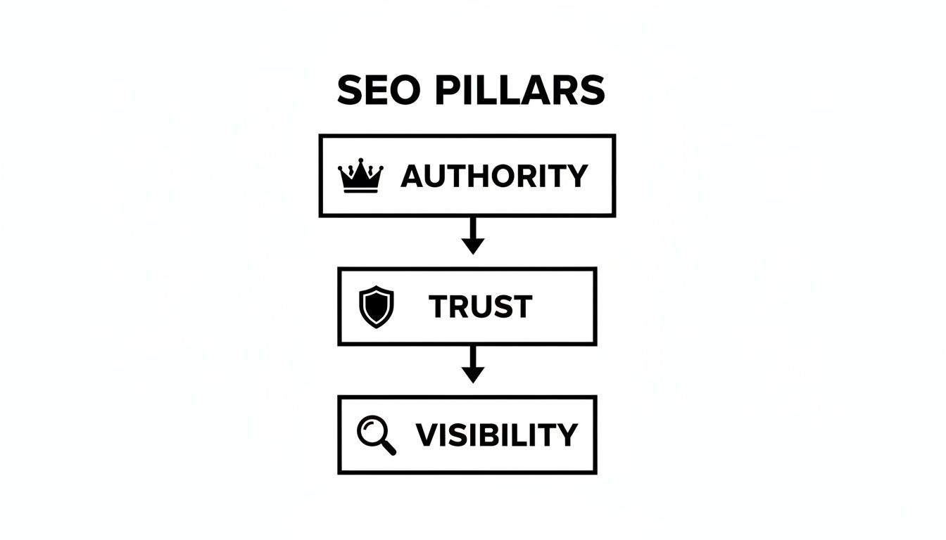 A clear diagram illustrating the three SEO pillars: Authority, Trust, and Visibility, each with an icon.