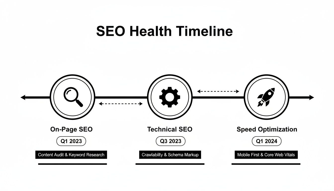 SEO Health Timeline illustrating On-Page, Technical, and Speed Optimization stages with tasks and quarters.