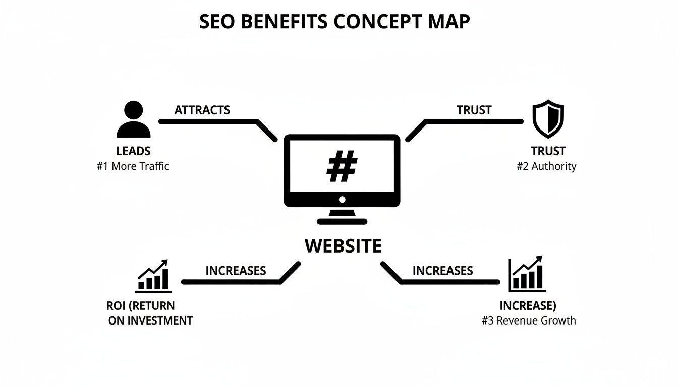 Concept map showing SEO benefits for a website, leading to more traffic, authority, ROI, and revenue growth.