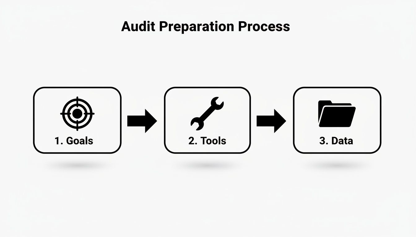 A flowchart detailing the Audit Preparation Process with three steps: Goals, Tools, and Data.