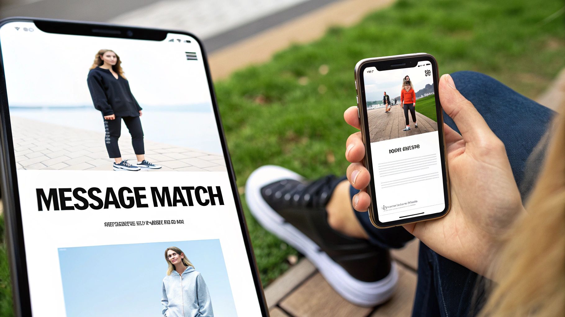 Two smartphones displaying fashion content, one held by a person outdoors, showcasing 'MESSAGE MATCH'.