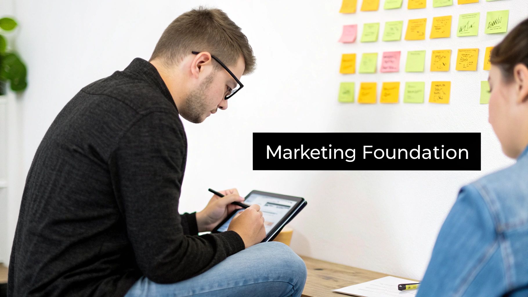 A man uses a stylus on a digital tablet, seated next to a woman, with sticky notes on a white wall.