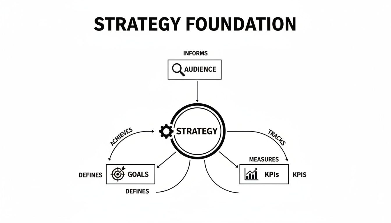 A strategy foundation diagram illustrating the interconnectedness of audience, goals, and KPIs.