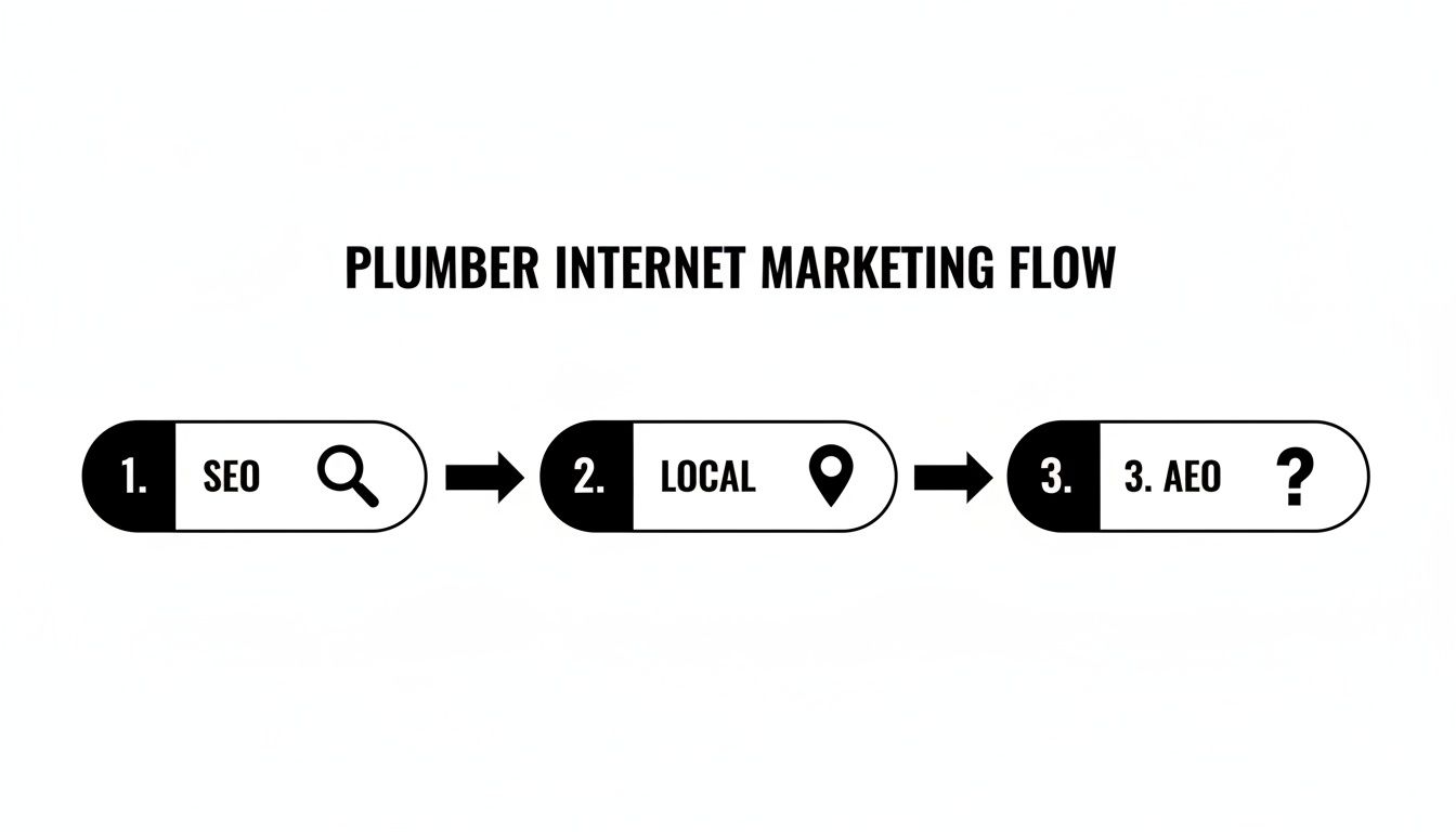 A flow chart illustrating plumber internet marketing, showing steps for SEO, Local marketing, and AEO.