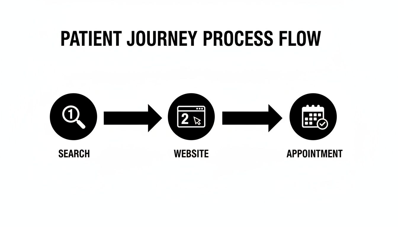 A black and white flow chart illustrating the patient journey process from search to website to appointment.