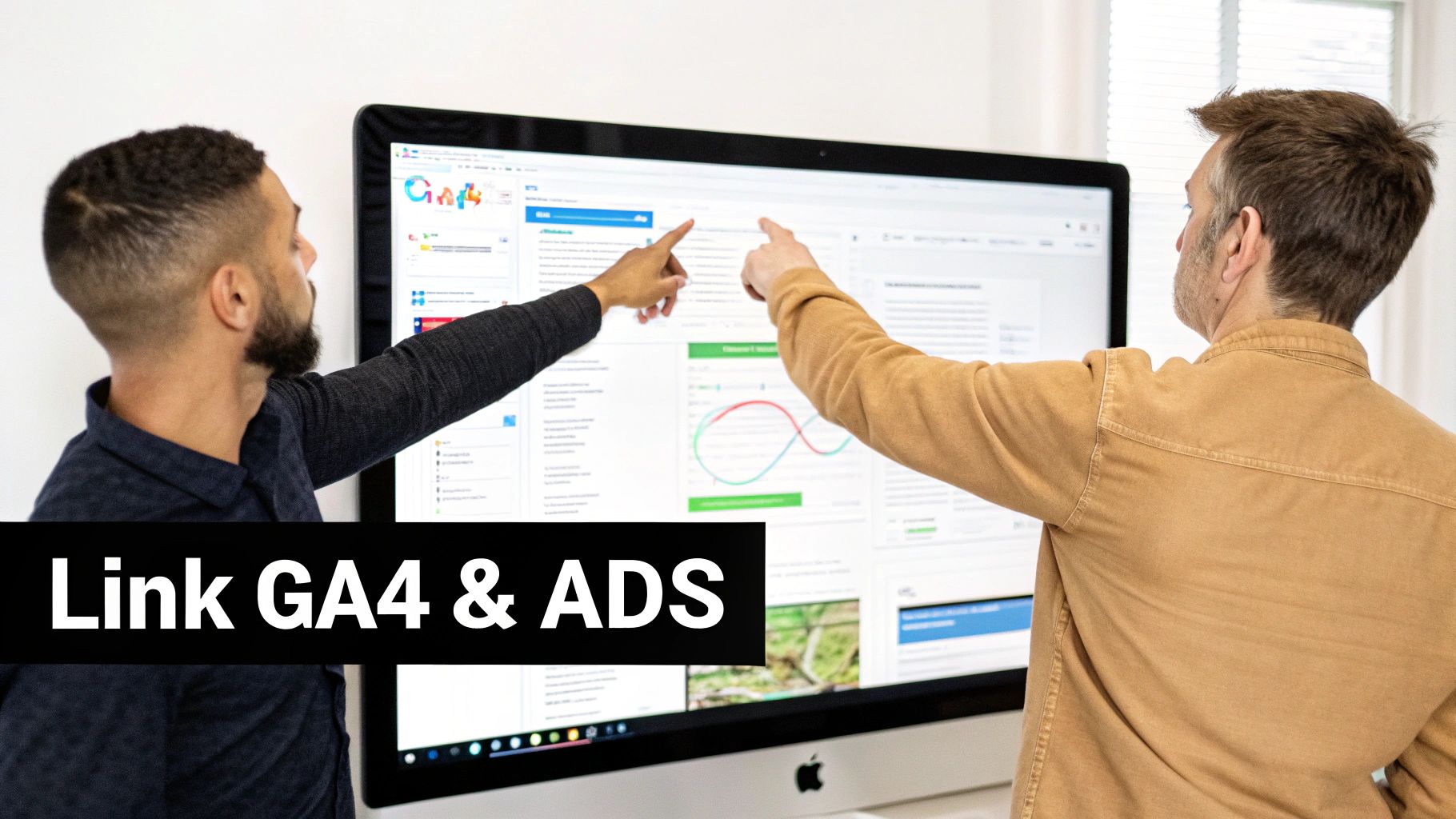 Two men point at a large computer monitor displaying analytics data and charts, with a text overlay about linking GA4 and ADS.