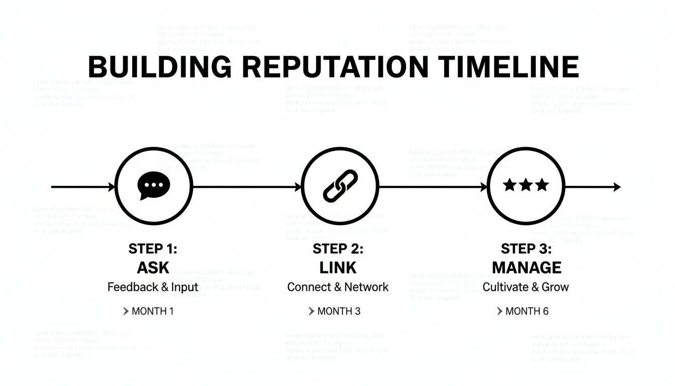 A clear timeline illustrating three steps to build reputation: Ask, Link, and Manage over six months.