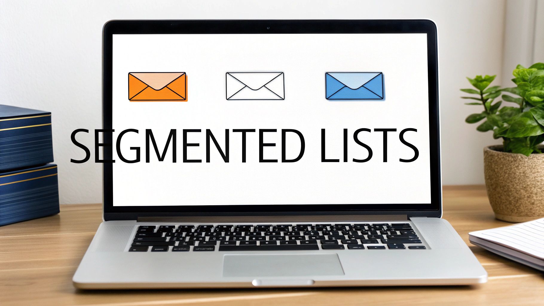 A laptop displays 'SEGMENTED LISTS' with three envelope icons, signifying email marketing segmentation.