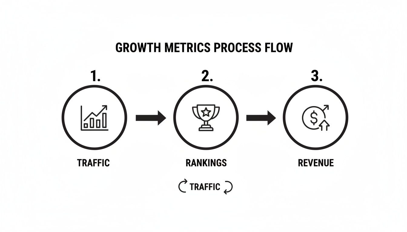 Process flow diagram detailing growth metrics: traffic, rankings, and revenue, with a traffic feedback loop.