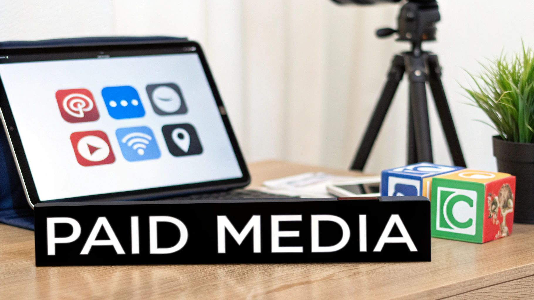 A black sign with 'PAID MEDIA' text in front of a tablet showing social and digital app icons on a wooden desk.
