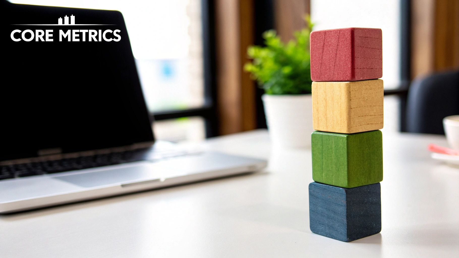 A laptop displaying 'CORE METRICS' next to a stack of colorful wooden blocks on a desk.